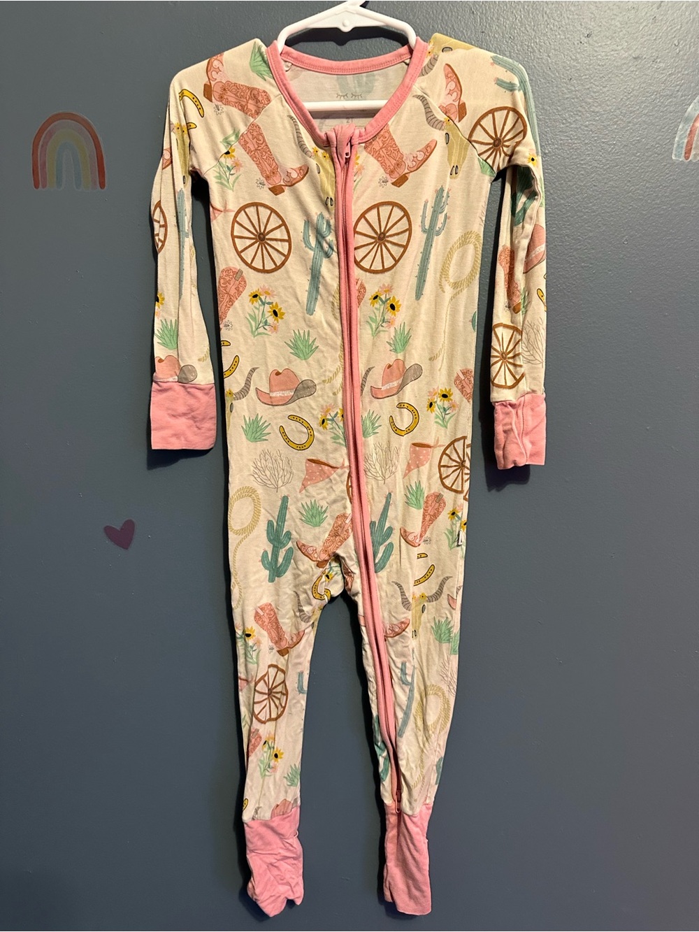 Little Sleepies Cowboy Print Footed One-Piece - Pink Trim